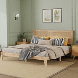 King Solid Rubberwood Platform Bed Frame with Rattan Headboard, Mid-Century Boho Bed Frame with Central Support Beams