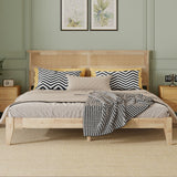 King Solid Rubberwood Platform Bed Frame with Rattan Headboard, Mid-Century Boho Bed Frame with Central Support Beams