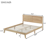 King Solid Rubberwood Platform Bed Frame with Rattan Headboard, Mid-Century Boho Bed Frame with Central Support Beams