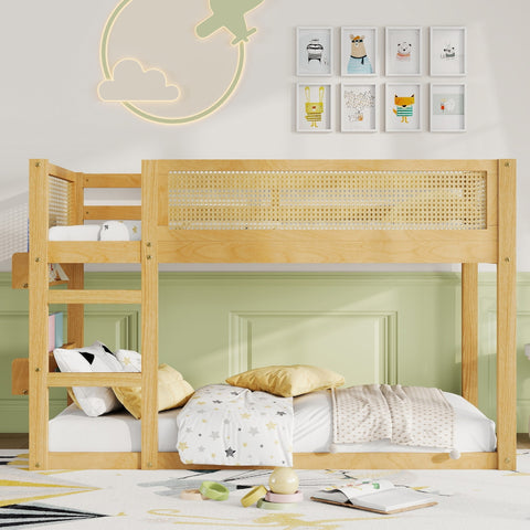 Twin Over Twin Floor Bunk Bed Frame with 2-Tier Kids Storage Bookshelves & Boho Woven Rattan Safety Guardrails