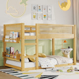 Twin Over Twin Floor Bunk Bed Frame with 2-Tier Kids Storage Bookshelves & Boho Woven Rattan Safety Guardrails