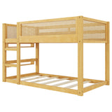 Twin Over Twin Floor Bunk Bed Frame with 2-Tier Kids Storage Bookshelves & Boho Woven Rattan Safety Guardrails
