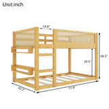 Twin Over Twin Floor Bunk Bed Frame with 2-Tier Kids Storage Bookshelves & Boho Woven Rattan Safety Guardrails