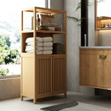 Bamboo Storage Cabinet, Freestanding Tall Bathroom Floor Organizer & Kitchen Pantry Cupboard with 2-Tier Open Shelves
