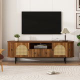 Farmhouse Oval TV Stand, TV Console with Rattan Arched Doors, Drawers, Hidden Storage for Living Room, Bedroom