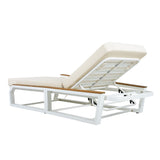 Adjustable 5-Position Outdoor Chaise Lounge with Cushion, Patio Reclining Lounger Sunbathing Bed Daybed, Cream,Teak,White