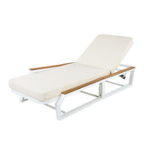 Adjustable 5-Position Outdoor Chaise Lounge with Cushion, Patio Reclining Lounger Sunbathing Bed Daybed, Cream,Teak,White