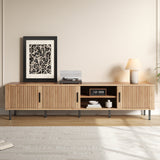 78" Modern TV Stand Console, Mid-Century Media Entertainment Center, Vertical Groove Cabinet Doors & Iron Legs, Natural