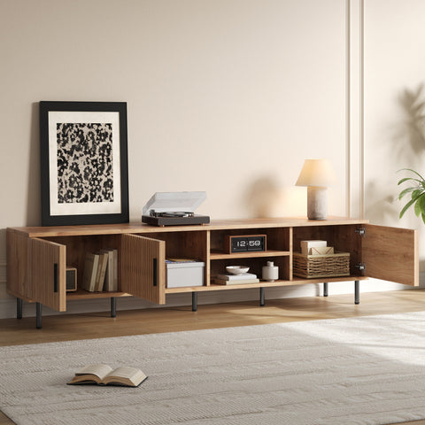 78" Modern TV Stand Console, Mid-Century Media Entertainment Center, Vertical Groove Cabinet Doors & Iron Legs, Natural