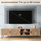 78" Modern TV Stand Console, Mid-Century Media Entertainment Center, Vertical Groove Cabinet Doors & Iron Legs, Natural