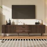 70" Modern TV Stand Console, Mid-Century Media Entertainment Center with Slatted Cabinet Doors & Pine Legs for TVs up to 80", Dark Brown