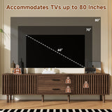 70" Modern TV Stand Console, Mid-Century Media Entertainment Center with Slatted Cabinet Doors & Pine Legs for TVs up to 80", Dark Brown