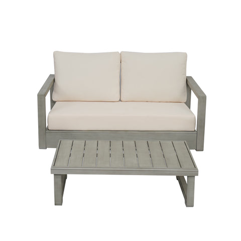 2pcs Patio Conversation Furniture Set, Outdoor Acacia Wood Loveseat & Coffee Table with Water-Resistant Cushions