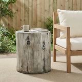 MGO Side Table, Realistic Tree-Stump Outdoor End Table, Lightweight Concrete Plant Stand, Faux Gray Wood Grain Accent Table