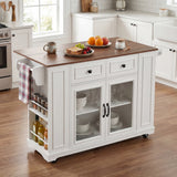 2-Glass Door Rolling Kitchen Island with Foldable Top, Kitchen Cart with Power Outlet, Drawers, Knife Holder, Towel & Spice Rack
