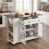 2-Glass Door Rolling Kitchen Island with Foldable Top, Kitchen Cart with Power Outlet, Drawers, Knife Holder, Towel & Spice Rack