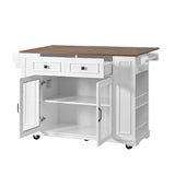 2-Glass Door Rolling Kitchen Island with Foldable Top, Kitchen Cart with Power Outlet, Drawers, Knife Holder, Towel & Spice Rack