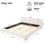 King Size Upholstered Platform Bed Frame Minimalist Low Profile Bed with Soft Padded Headboard, White