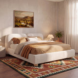 King Size Upholstered Platform Bed Frame Minimalist Low Profile Bed with Soft Padded Headboard, White
