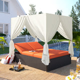 Outdoor Double Chaise Lounge with Curtains, Patio Daybed with Adjustable Back & Removable Cushion Covers for Garden, Backyard