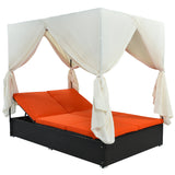 Outdoor Double Chaise Lounge with Curtains, Patio Daybed with Adjustable Back & Removable Cushion Covers for Garden, Backyard