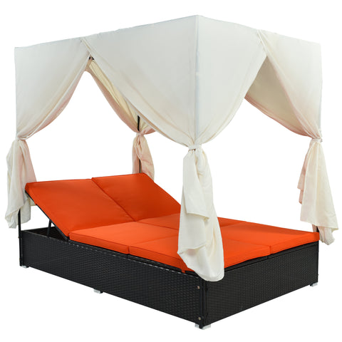 Outdoor Double Chaise Lounge with Curtains, Patio Daybed with Adjustable Back & Removable Cushion Covers for Garden, Backyard