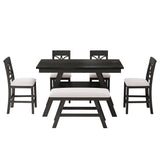 6pcs Dining Set Counter Height Dining Table Set Family Kitchen Table Set with Padded Dining Chairs & Bench, Espresso