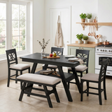 6pcs Dining Set Counter Height Dining Table Set Family Kitchen Table Set with Padded Dining Chairs & Bench, Espresso