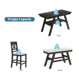 6pcs Dining Set Counter Height Dining Table Set Family Kitchen Table Set with Padded Dining Chairs & Bench, Espresso