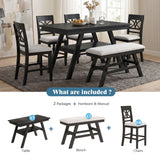 6pcs Dining Set Counter Height Dining Table Set Family Kitchen Table Set with Padded Dining Chairs & Bench, Espresso