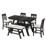 6pcs Dining Set Counter Height Dining Table Set Family Kitchen Table Set with Padded Dining Chairs & Bench, Espresso