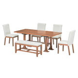 6pcs Extendable Dining Set Dining Table Set Family Kitchen Table Set with Upholstered Dining Chairs & Bench, Brown+Ivory