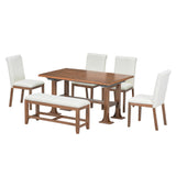 6pcs Extendable Dining Set Dining Table Set Family Kitchen Table Set with Upholstered Dining Chairs & Bench, Brown+Ivory
