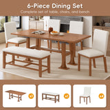 6pcs Extendable Dining Set Dining Table Set Family Kitchen Table Set with Upholstered Dining Chairs & Bench, Brown+Ivory