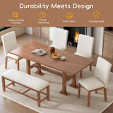 6pcs Extendable Dining Set Dining Table Set Family Kitchen Table Set with Upholstered Dining Chairs & Bench, Brown+Ivory