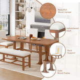 6pcs Extendable Dining Set Dining Table Set Family Kitchen Table Set with Upholstered Dining Chairs & Bench, Brown+Ivory
