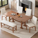 6pcs Extendable Dining Set Dining Table Set Family Kitchen Table Set with Upholstered Dining Chairs & Bench, Brown+Ivory