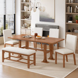 6pcs Extendable Dining Set Dining Table Set Family Kitchen Table Set with Upholstered Dining Chairs & Bench, Brown+Ivory