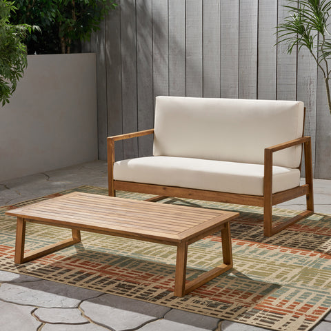 Patio Sofa Set Outdoor Loveseat & Coffee Table Set with Water-resistant Cushion, Garden Chat Set Conversation Set Seating Set, Teak