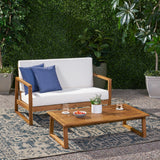 Patio Sofa Set Outdoor Loveseat & Coffee Table Set with Water-resistant Cushion, Garden Chat Set Conversation Set Seating Set, Teak