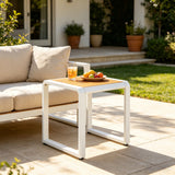Patio End Table Outdoor Side Table Weather-Resistant Garden Accent Table with Metal Frame, Teak,White