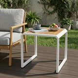Patio End Table Outdoor Side Table Weather-Resistant Garden Accent Table with Metal Frame, Teak,White
