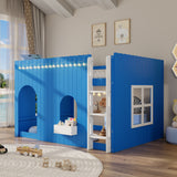 Playhouse Style Full Size Loft Bed with LED Light String, Ladder & Window for Kids/Teens