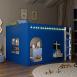 Playhouse Style Full Size Loft Bed with LED Light String, Ladder & Window for Kids/Teens