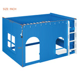 Playhouse Style Full Size Loft Bed with LED Light String, Ladder & Window for Kids/Teens