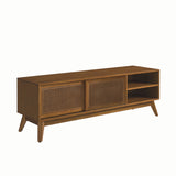 59" Mid-Century Modern TV Stand, Media Console with Rattan Sliding Cabinet Doors & Shelves for Living Room, Bedroom