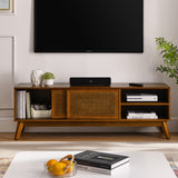 59" Mid-Century Modern TV Stand, Media Console with Rattan Sliding Cabinet Doors & Shelves for Living Room, Bedroom