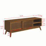 59" Mid-Century Modern TV Stand, Media Console with Rattan Sliding Cabinet Doors & Shelves for Living Room, Bedroom