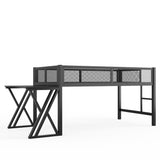 Twin XL Size Gaming Loft Bed with LED Lights, USB Ports, Desk & Safety Mesh Guardrail, Metal Platform Bed, Black