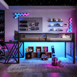 Twin XL Size Gaming Loft Bed with LED Lights, USB Ports, Desk & Safety Mesh Guardrail, Metal Platform Bed, Black